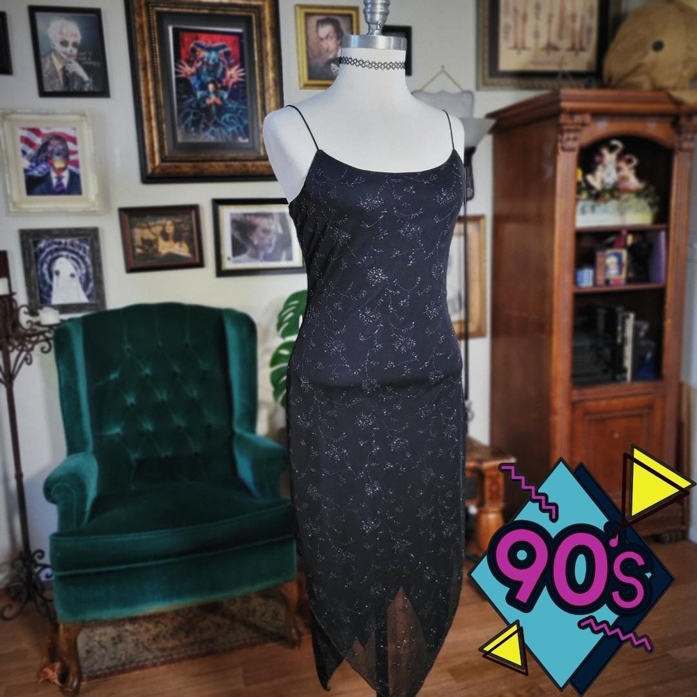 Vintage 90s I.N. San Francisco Black Spaghetti Strap Glittery Midi Dress‎ USA